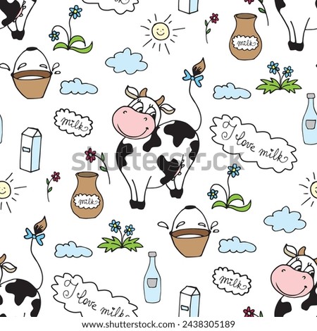 Seamless pattern with cow, grass and milk packages on white background. Happy cows and dairy products, texture wallpaper. Hand drawn design with funny domestic animal. vector illustration