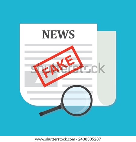 Newspaper with fake news. Red stamp - fake. Social media with propaganda or hoax. Cartoon design template. Flat vector illustration