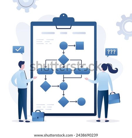 Work algorithm. businesspeople drawing workflow diagram process. Business process or model, flowchart to get result, map or plan for business procedure, solution. Strategy to implement. flat vector