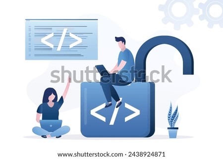 Open source programming, digital products include permission to use programming source code. Software engineer sitting on unlocked padlock with coding symbol. Group of coders or programmers working.