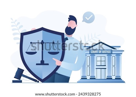 Lawyer services. Attorney or notary holds big protective shield with scale icon. Law and justice concept. Legal advice. Court of justice building. Jurisprudence. Flat vector illustration