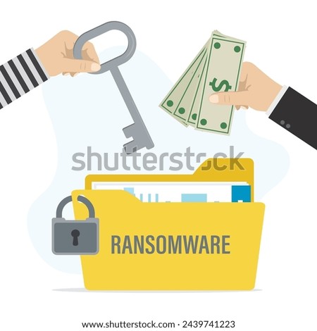 Ransomware. Hacker hand holds the key and demands money. User give dollar banknotes. Yellow folder with encrypted data. Padlock on files after hacker attack. Network piracy danger. Vector illustration