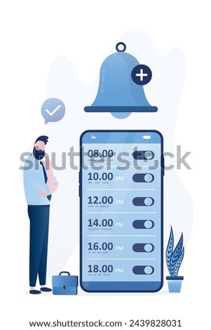 Businessman sets up notifications and an alarm clock on smartphone. Big ring bell, time management application on mobile phone screen. Employee thinking about schedule of meetings. Vector illustration