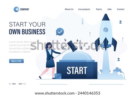 Start Your Own Business, landing page template. Confident businesswoman hits the start button with hammer. Launching new business. Rocket startup takes off into the sky. Flat vector illustration