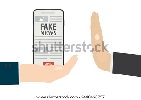 Fake news on mobile phone. Hand with gesture - stop hoax. Spreading fake news, lies in social media. Article in online press with disinformation and propaganda. Flat Vector illustration