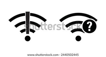 Two wifi symbols with exclamation mark and question mark. No internet connection, problem with network. Monochromatic simple signs. Black wi-fi icons. No internet access. Bad wifi signal. Flat vector