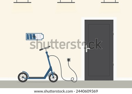 Ecological city transport, modern technology. Electric scooter charged at home from electrical mains. Electric wire is plugged into the outlet. Kick scooter standing in hall. Flat vector illustration