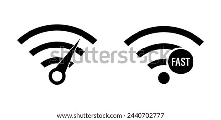 Two wifi symbols. Fast internet connection, public network. Monochromatic simple signs. Black wi-fi icons. Wireless internet access. High quality wifi signal. Flat vector illustration