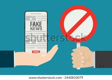 Fake news on mobile phone. Hand holds red circle placard - stop disinformation. Spreading fake news, lies in social media. Article in online press with hoax and propaganda. Flat Vector illustration