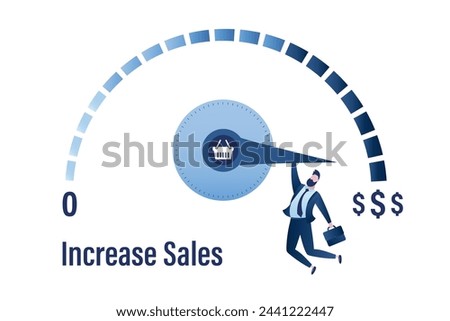 Increasing sales. Sale volume increase make business grow, finance concept. Boost your income. Happy businessman pulls to maximum position progress bar with shopping basket. Flat vector illustration