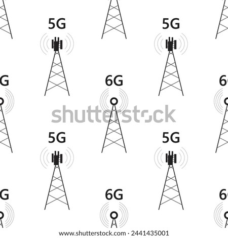 Seamless pattern with communication towers with signal. High speed internet connection. 5g, 6g wireless signal, for mobile devices. Texture wallpaper with gsm networks, television, radio signals.