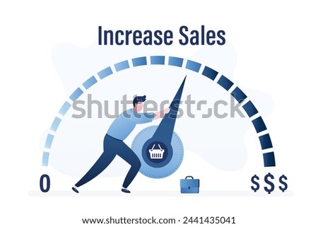 Increasing sales. Sale volume increase make business grow, finance concept. Boost your income. Businessman or manager pulls to maximum position progress bar with shopping basket. Vector illustration