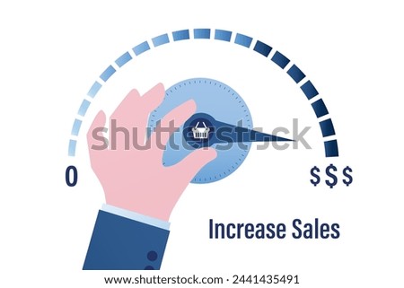 Increasing sales. Sale volume increase make business grow, finance concept. Boost your income. Hand is pulling to maximum position progress bar with shopping basket. Flat vector illustration.