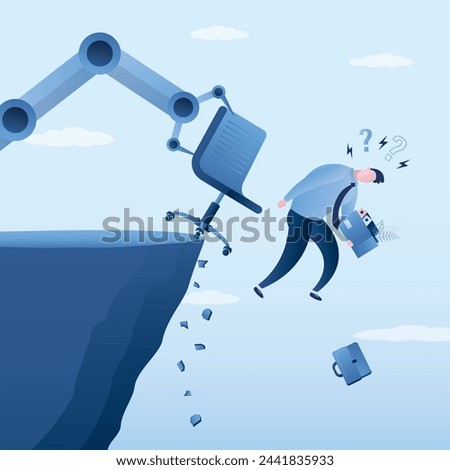 Giant robotic arm kick off businessman from cliff down, artificial Intelligence replaces in work human labor. Chatbot with AI has replaced humans, manager lost job due to robotics. vector illustration
