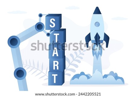 Rocket startup technology with robot or artificial intelligence. Robot hand put blocks in stack - start. Chat bot with AI helping to launching business idea and startup. flat vector illustration