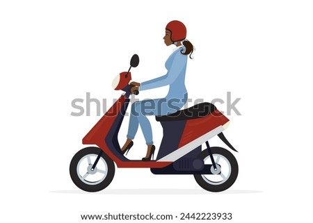 Woman driver on modern motorbike. African american businesswoman riding scooter. Motorcycle isolated on white background. Cartoon girl in helmet motorbiking vehicle. Two wheel motor scooter. Vector