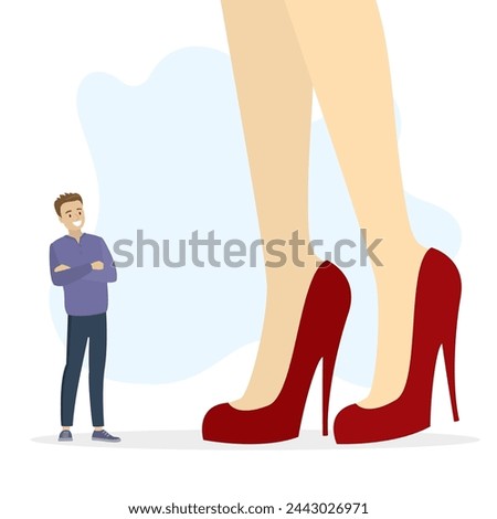 Little caucasian man looks at huge woman legs. Feminism, female dominance. Gender inequality, concept. Legs in high-heeled shoes. Business equality. Lady boss and male employee. Vector illustration