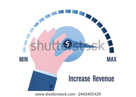 Increase revenue. Money volume increase make profit, finance concept. Boost your income. Hand is pulling to maximum position progress bar with dollar sign. Growing salary. Flat vector illustration