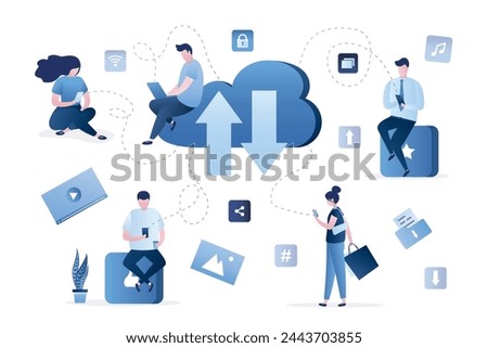 Virtual data storage. Business persons loading media content from clouds. People uses smart gadgets. Cloud service, remote servers. Sharing files in network. Cloud computing, sync. Vector illustration