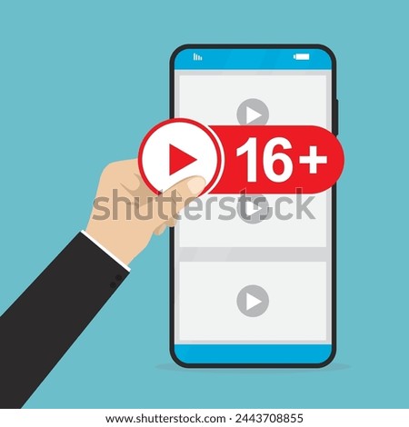 Parental control. Age restriction. Mobile phone with video content, hand gives label - 16 plus. Smartphone with media content for adults. Flat Vector illustration