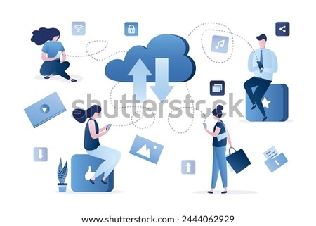 Virtual data storage. Business people loading media content from clouds. Users sits with mobile phones. Cloud service, remote servers. Sharing files with network. Cloud computing. Vector illustration
