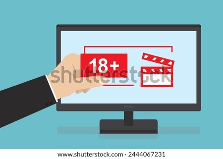 Parental control. Age restriction. Monitor or tv set with media content, cartoon hand gives label - 18 plus. Entertainment content only for adults. Warning sign. Flat Vector illustration