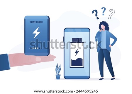 Unhappy woman uses smartphone with low battery. Seller give giant power bank. Portable phone charger. Cellphone with low battery. Modern technology charging devices and gadgets. vector illustration