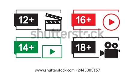 Set of various parental control labels. Age restrictions. Control for media content in Internet, games and video streaming services. Collection of colorful and black icons. Flat Vector illustration