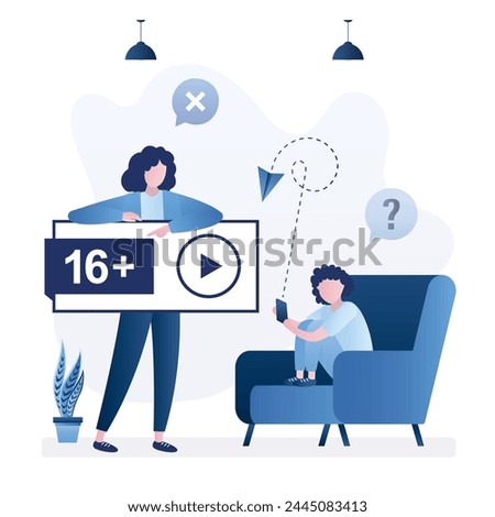 Mother holds placard - age restriction. Girl teenager uses smartphone and want looking video content for adult. Parental control, concept. 16 plus content, warning sign. Flat vector illustration