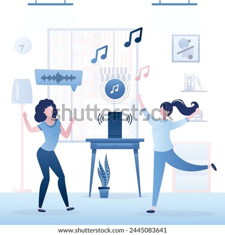 Girlfriends listening music column and dancing. Voice assistant, part of smart home. Access for online playing music and audio files. Wireless technology. Acoustic system. Female dancers. Home party.
