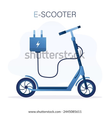 Ecological city transport. E-Scooter with charger and wire plug. Ecological moped, public scooter charging station. Sustainable green energy for ecology environment. flat vector illustration