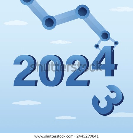 Robot hand adds new number instead of old falling one. 2024 year of new technologies, success opportunity, change to new business bright future, celebrating 2024. Forecast concept. vector illustration