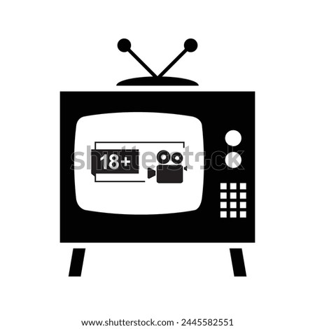 Old tv set with parental control label, 18 plus. Vintage display with control for video content in Internet and streaming services. Age restrictions. Icon or black silhouette sign. Vector illustration