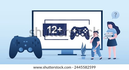 Monitor with warning label. Parental control for gaming. Age restriction. Children want to play video games. 12 plus game or content. Prohibition sign. Ban for adult games on tv display. Flat Vector