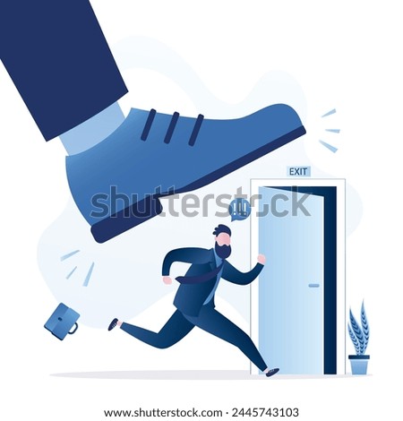 Huge boss boot puts psychological pressure on worker man. Male employee runs away from office. Voluntary dismissal due to mental problems. Abuse or harassment at work. Overwork. Vector illustration
