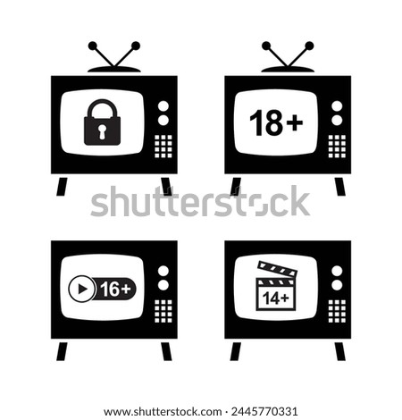Set of Old tv  with parental control label, 18 plus. Vintage display with control for video content in Internet and streaming services. Age restrictions. Icons or black sign. Flat Vector illustration