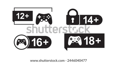 Icons with game controller. Parental control labels. Age restrictions. Control for media content in Internet. Ban for games. Set of monochromatic pictograms, sign. Only for adults. Vector illustration
