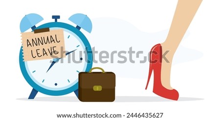 Businesswoman running away from office. Annual leave note on watch. Break, take day off, vacation and relax from hard work, schedule reminder of annual leave. Woman leg in high-heels shoe closeup view