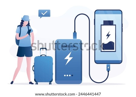 Woman tourist uses smartphone and charges it from giant power bank. Portable phone charger in travel. User holds cell phone with low battery. Modern technology charging devices. vector illustration