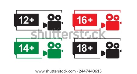 Set of various parental control labels. Age restrictions. Control for media content in Internet, movies and video streaming services. Collection of colorful and black icons. Flat Vector illustration