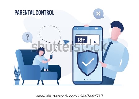 Father holds cell phone with shield. Parental control, concept. Age restriction. Girl teen uses smartphone and want looking video content for adult. 18 plus content, warning sign. Vector illustration