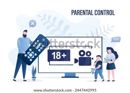 Father holds remote control. Age restriction. School children want looking video content for adult. Parental control, concept. 18 plus media content, warning sign. Flat vector illustration