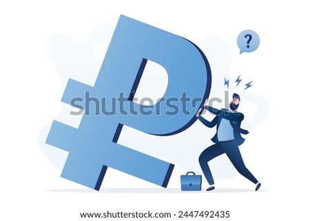 Unhappy banker is trying to maintain stability of russian ruble. Male financier supports currency from falling. Volatility in financial markets. Inflation, economic instability. Vector illustration