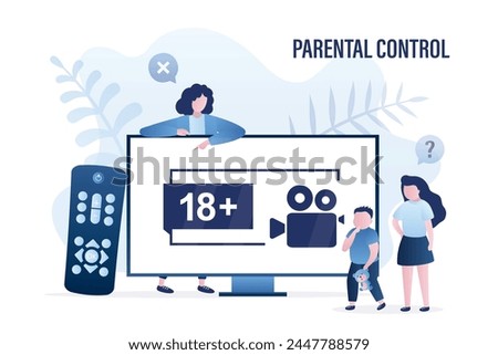 Mom shows kids on age limit on tv screen. Big remote control near display. Age restriction. School children want looking video content for adult. Parental control. 18 plus media, warning sign. Vector