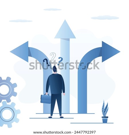 Businessman with solving and decision. Choice right way concept. Male employee before choice. Worker man and arrows point in different directions. Сareer path. Entrepreneur thinking, back view. vector