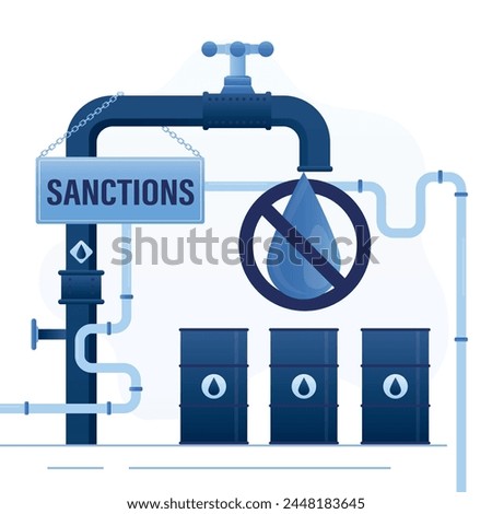 Sanctions on oil industry. Pipeline with turned off valve. Ban on export oil. Trade, economic wars. Embargo on transportation, delivery, transit of natural gas. Geopolitics, war crisis. flat vector