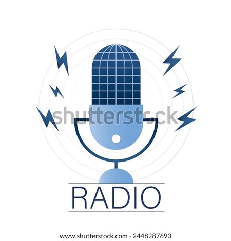 Big microphone with audio waves and lightnings. Entertainment, music show. Radio station logo, sign or banner template. Flat Vector illustration