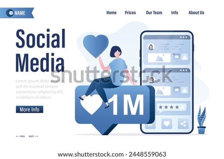 Social media, landing page template. Happy female blogger with lots of likes and hearts. Smartphone, social network page on screen. Woman blogger, influencer sitting on speech bubble. Flat vector