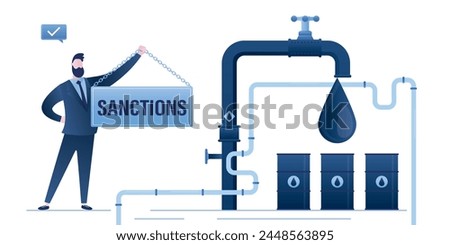 Politician or businessman imposes sanctions on the oil industry. Pipeline with turned off valve. Ban on export oil or gas. Trade, economic wars. Geopolitics, war crisis. flat vector illustration