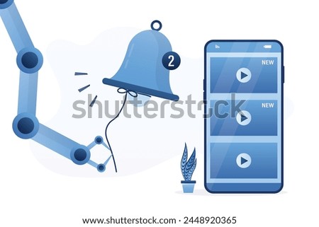 Robot hand uses rope to ring bell. Automatic notification of new video on channel. Subscribe to blog or video channel. Chatbot alert for members and followers. SIgnal about new media content. vector